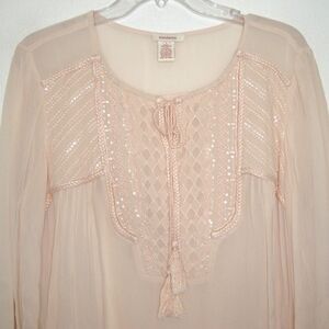 Sundance Women's Beaded Embroidered Long Sleeve Chiffon Tunic Blouse Size L
